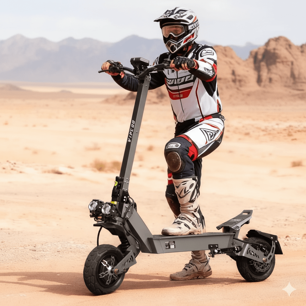 Hombre de pie junto al patinete eléctrico VIPCOO VS9 en el desierto