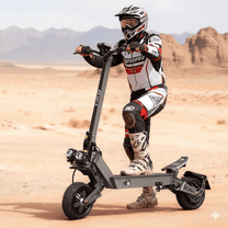 Hombre de pie junto al patinete eléctrico VIPCOO VS9 en el desierto