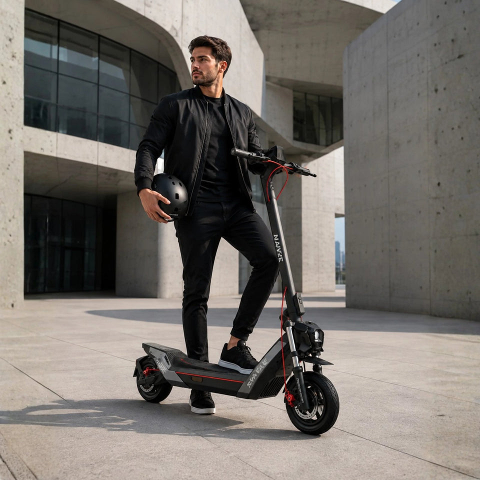 Patinete eléctrico de Wheelyshop – patinete NAVEE frente a arquitectura moderna