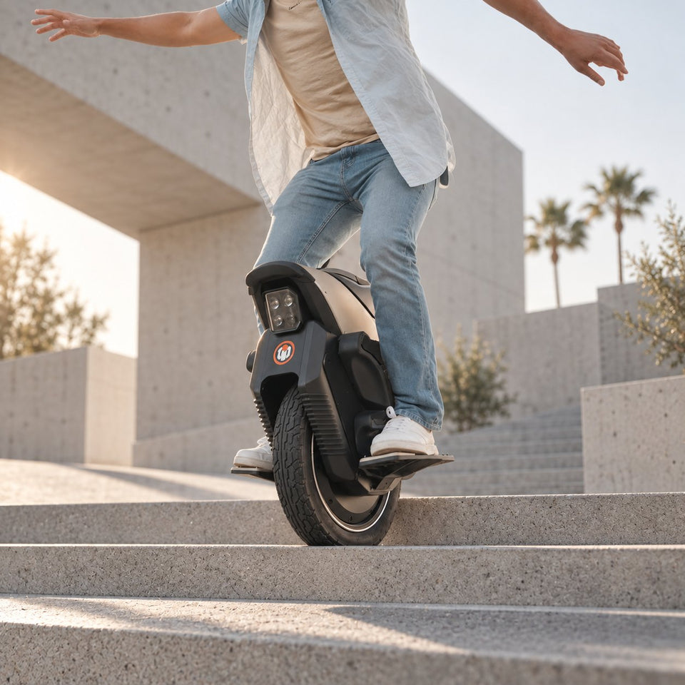 Monociclo eléctrico de Wheelyshop – conductor en equilibrio bajando escaleras de hormigón al sol