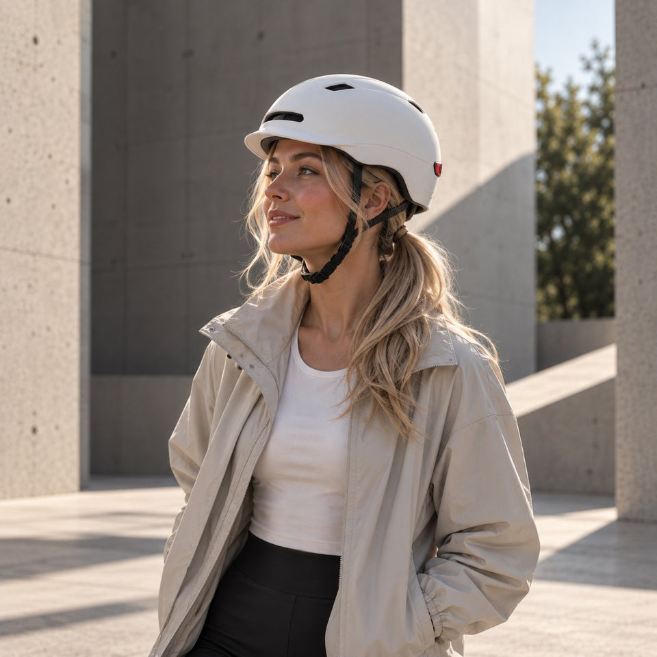 Accesorios de Wheelyshop – ciclista con casco blanco en la ciudad