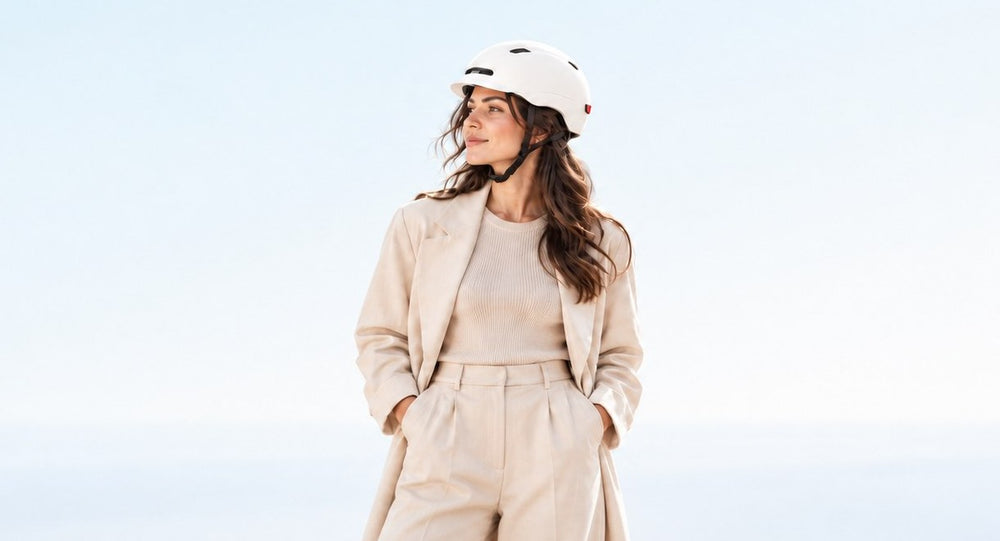 Casco para patinete y bicicleta eléctrica en Wheelyshop – mujer con abrigo beige y casco blanco bajo un cielo azul