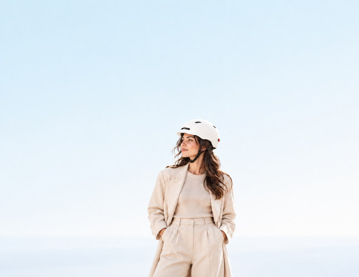 Casco para patinete y bicicleta eléctrica en Wheelyshop – mujer con abrigo beige y casco blanco bajo un cielo azul