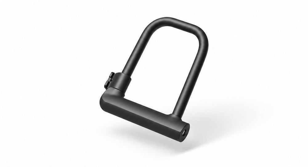 Candado para patinete y bicicleta eléctrica en Wheelyshop – candado en U negro sobre blanco