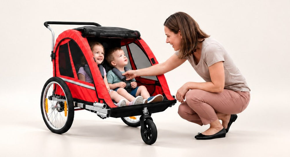 Remolque para bicicleta eléctrica en Wheelyshop – remolque rojo con dos niños