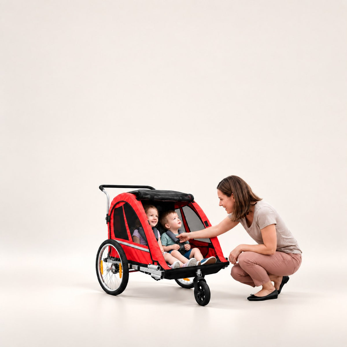 Remolque para bicicleta eléctrica en Wheelyshop – remolque rojo con dos niños
