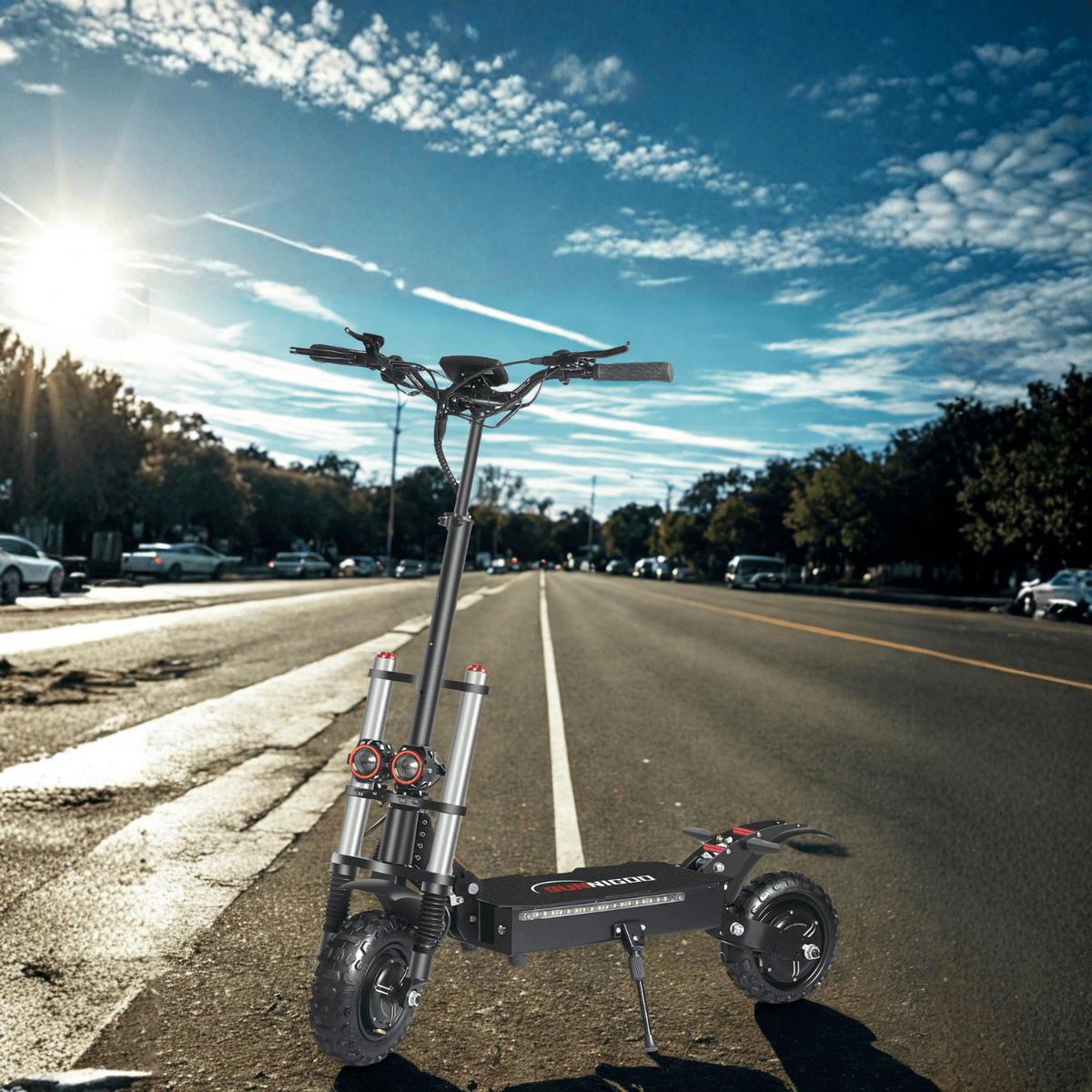 Patinete eléctrico Wheely X10 en vista frontal en ángulo en la carretera