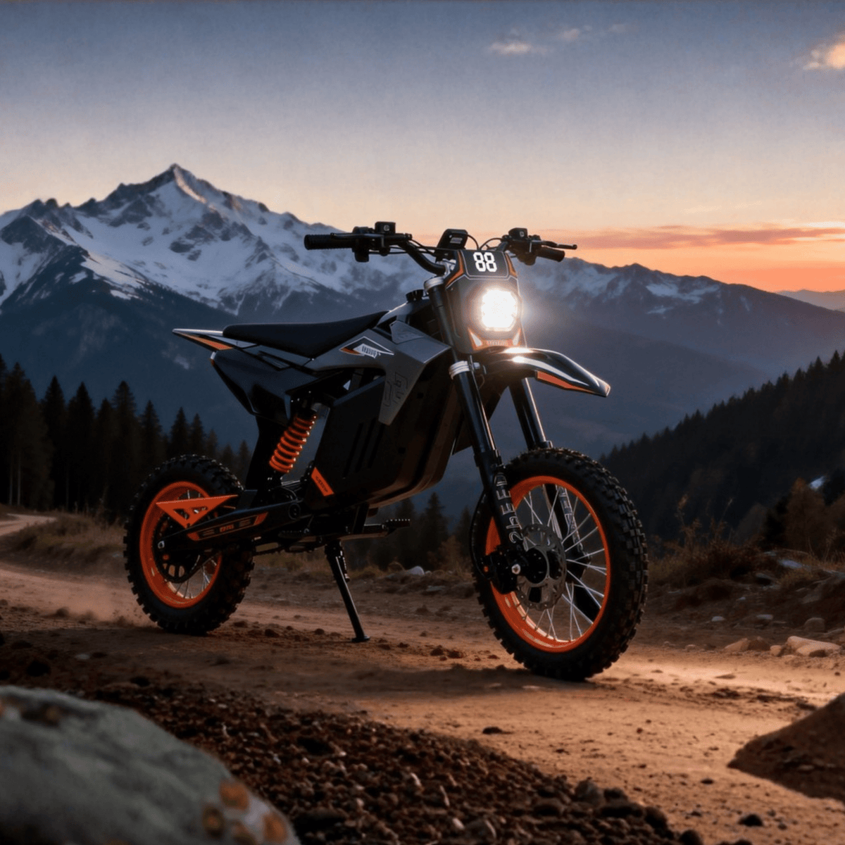 Moto cross eléctrica Wheely Y88 en vista frontal en ángulo sobre fondo oscuro