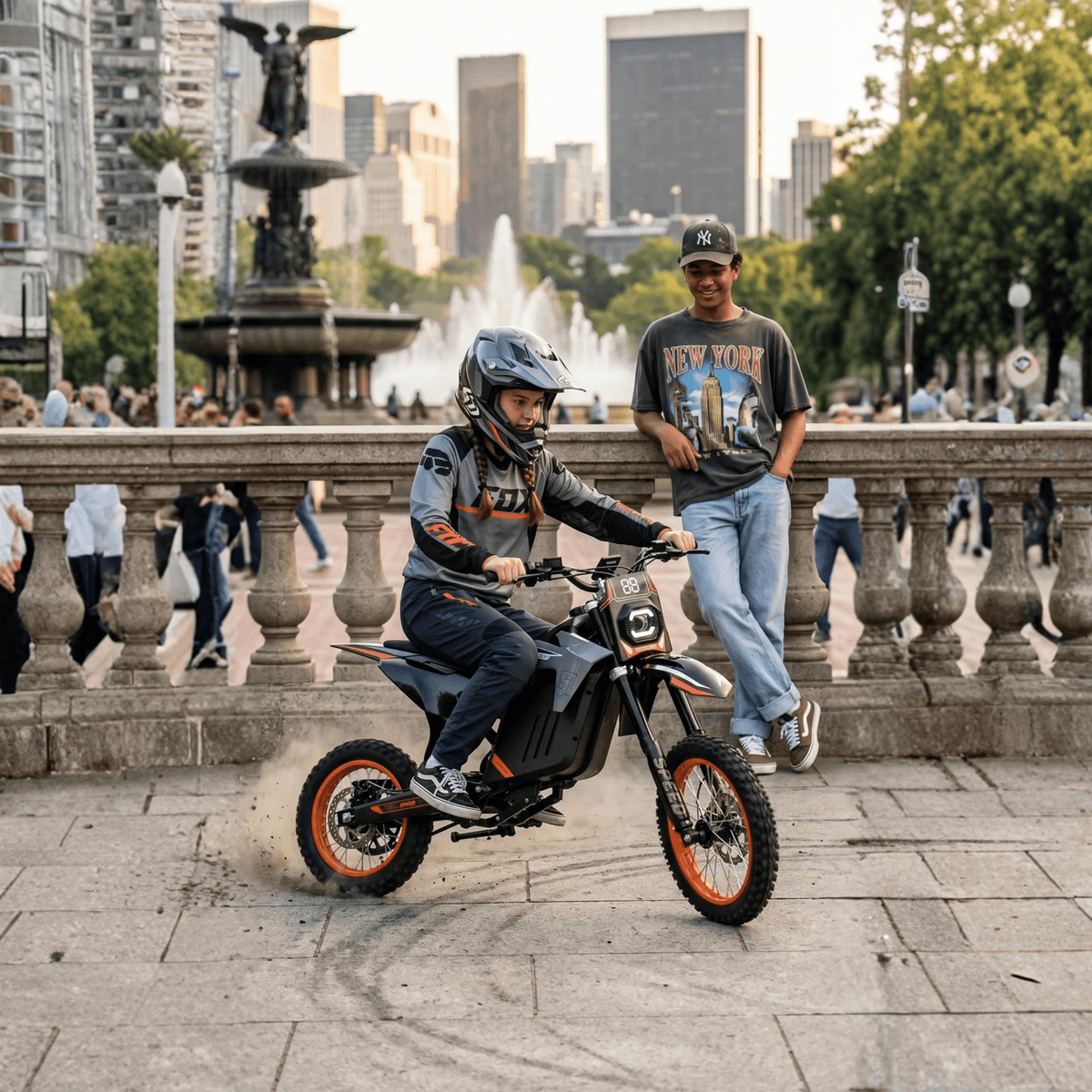 Persona circulando con la moto cross eléctrica Wheely Y88 por la ciudad