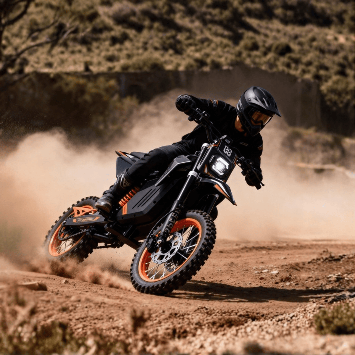 Persona montando la moto cross eléctrica Wheely Y88 sobre terreno arenoso