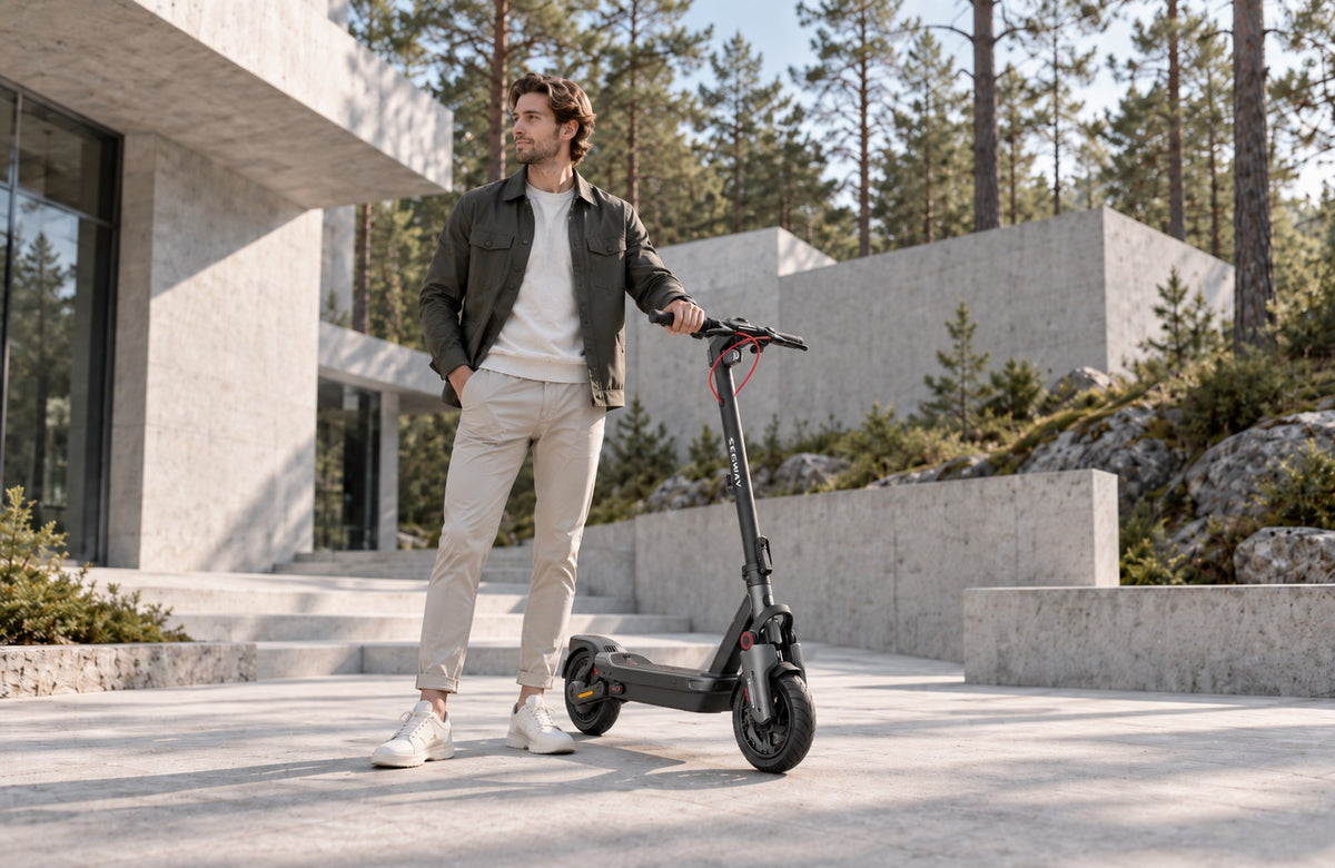 Wheelyshop – movilidad climáticamente inteligente: un hombre con un patinete eléctrico entre pinos frente a una casa moderna de hormigón