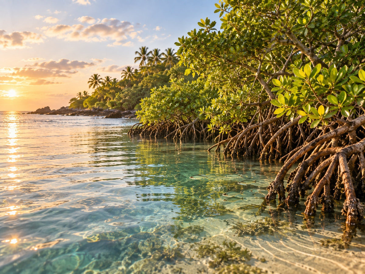 Manglar crecido en la costa de Kenia con raíces en agua cristalina y peces protegidos – la costa vuelve a crecer