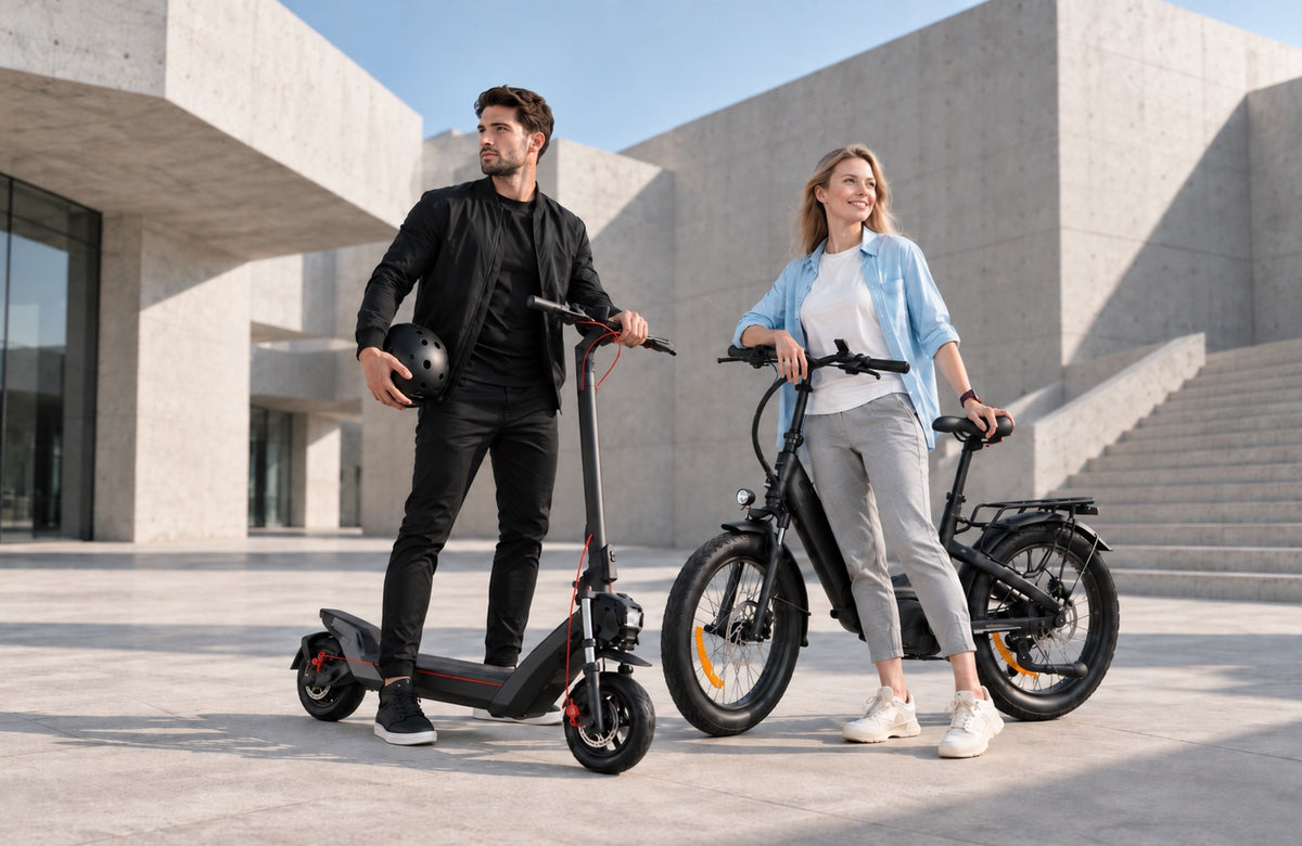 La visión de Wheelyshop – el eléctrico es el futuro: un hombre con un patinete eléctrico y una mujer con una bicicleta eléctrica frente a un edificio moderno