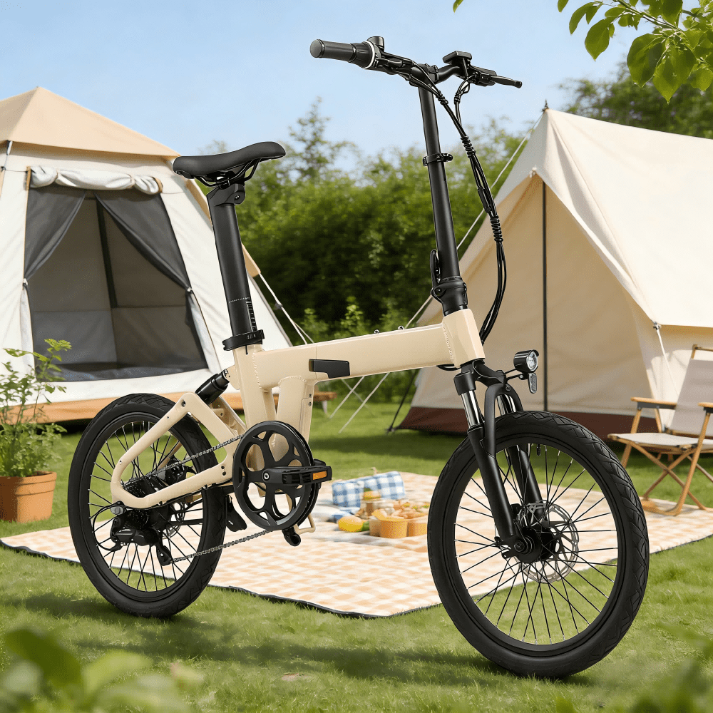 Bicicleta eléctrica plegable YANGOR H19 vista de lado en color beige sobre el césped