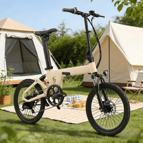 Bicicleta eléctrica plegable YANGOR H19 vista de lado en color beige sobre el césped