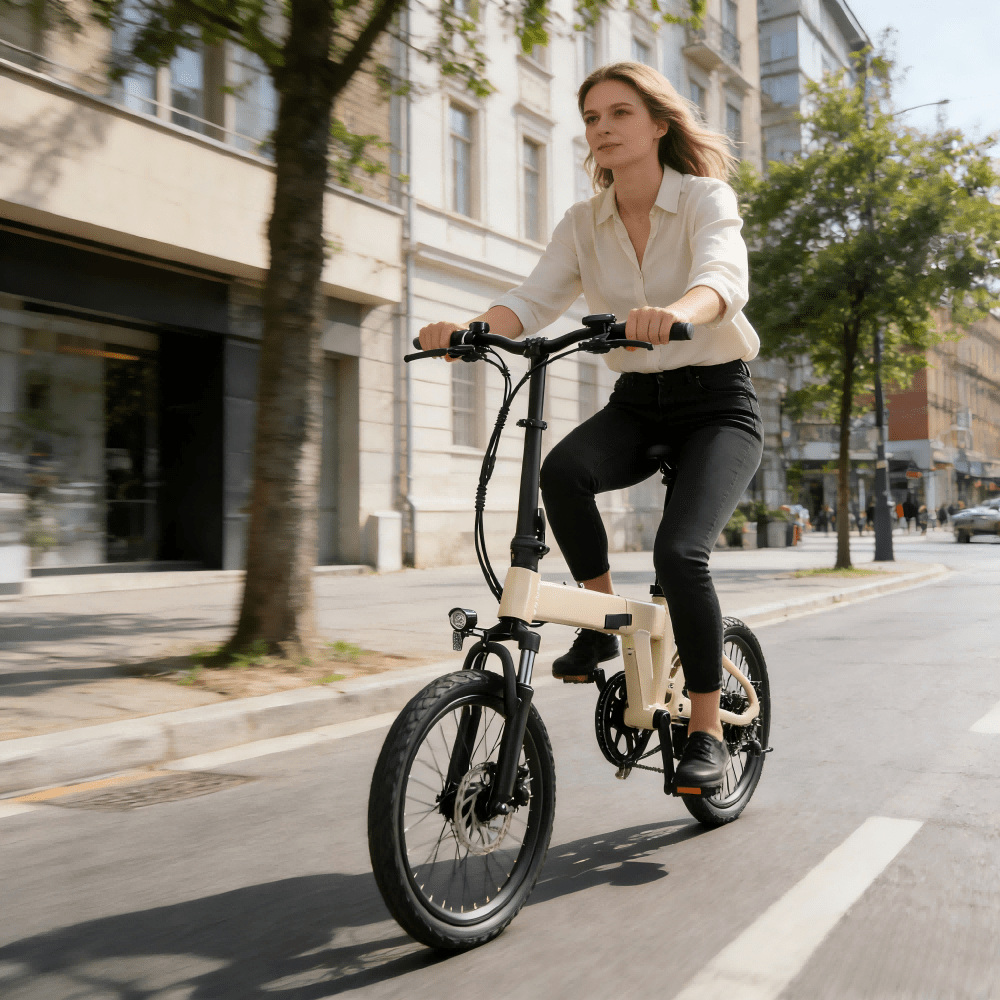 Mujer montando la bicicleta eléctrica plegable YANGOR H19 en color beige por la ciudad