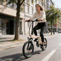 Mujer montando la bicicleta eléctrica plegable YANGOR H19 en color beige por la ciudad