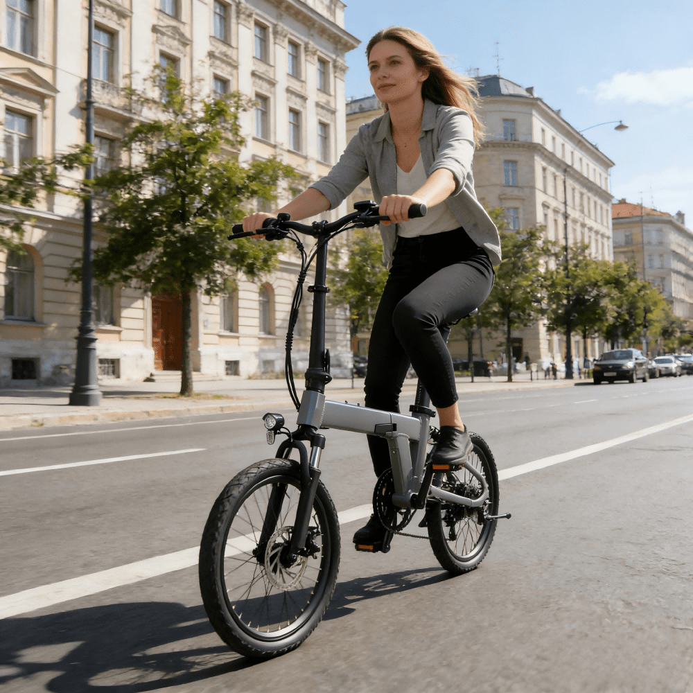 Mujer montando la bicicleta eléctrica plegable YANGOR H19 en color gris por la ciudad