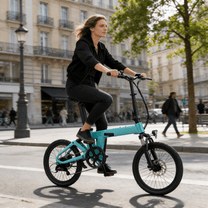 Mujer montando la bicicleta eléctrica plegable YANGOR H19 por una calle en color azul claro