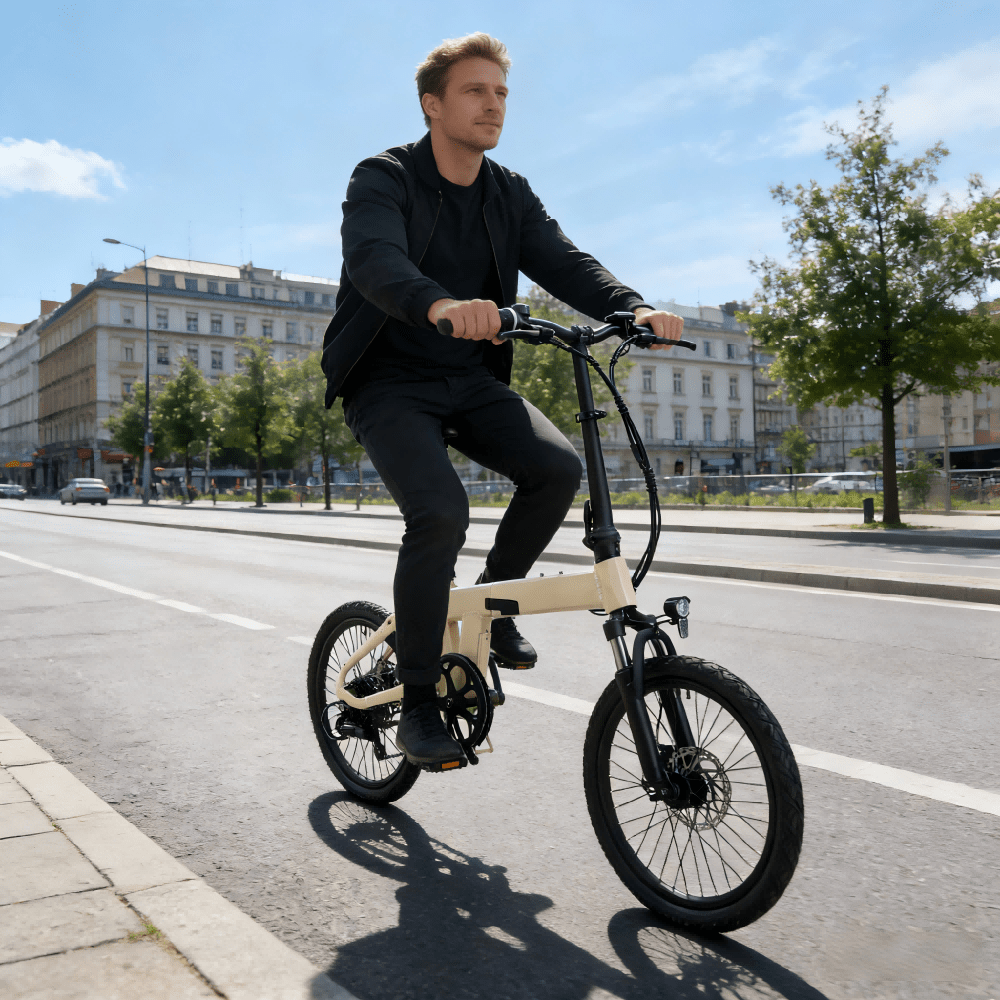 Hombre montando la bicicleta eléctrica plegable YANGOR H19 en color beige por la ciudad
