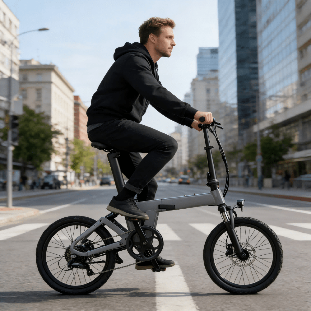 Hombre montando la bicicleta eléctrica plegable YANGOR H19 desde delante en color gris por la ciudad
