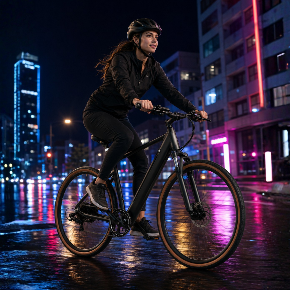 Mujer montando la bicicleta eléctrica YANGOR H700 en color negro por la ciudad en un ambiente nocturno