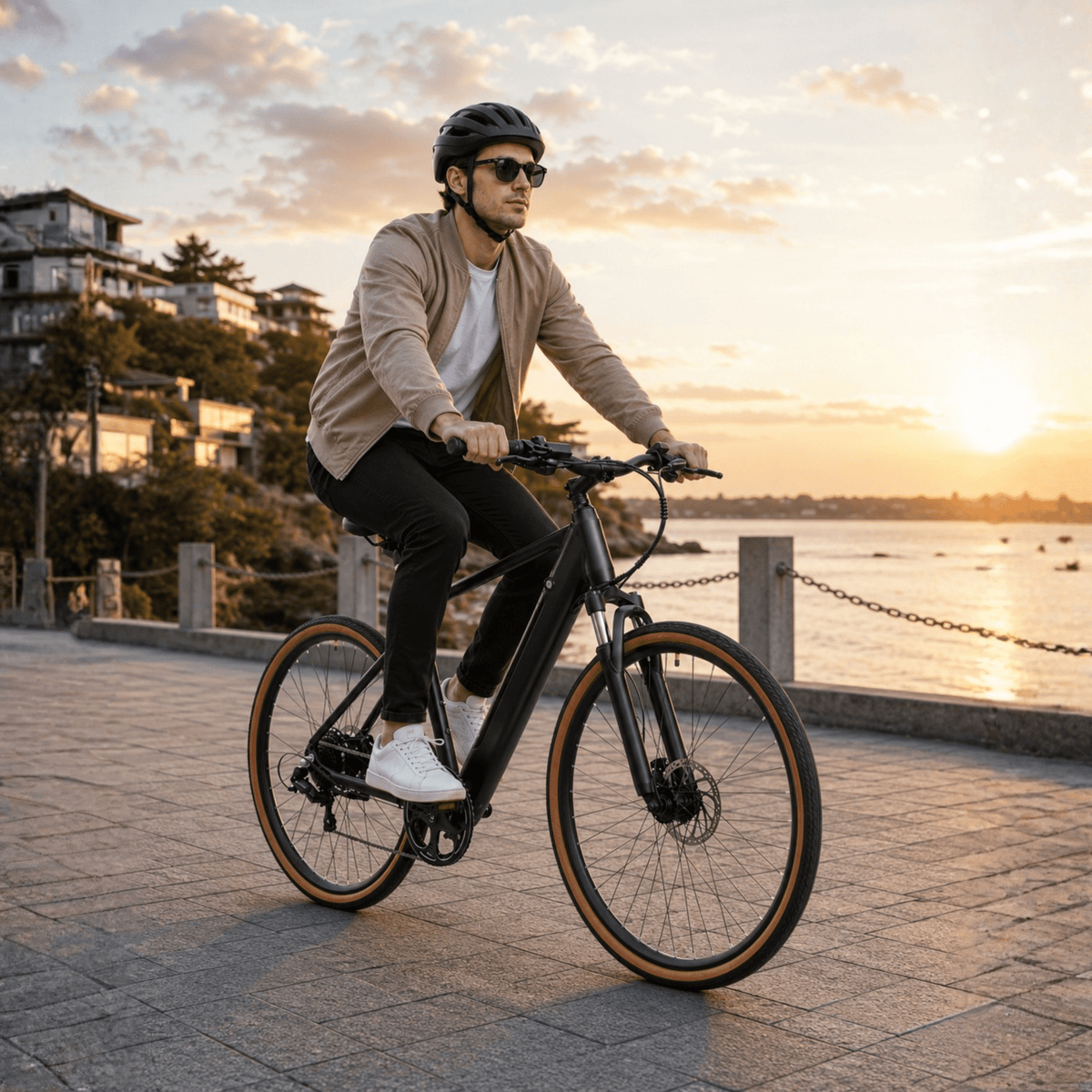 Hombre montando la bicicleta eléctrica YANGOR H700 en color negro al atardecer