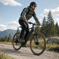 Hombre montando la bicicleta eléctrica YANGOR H700 en color negro en la montaña