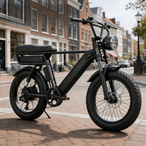 Bicicleta eléctrica fat bike YANGOR Y20 Pro Max vista en ángulo desde atrás en color negro en la ciudad