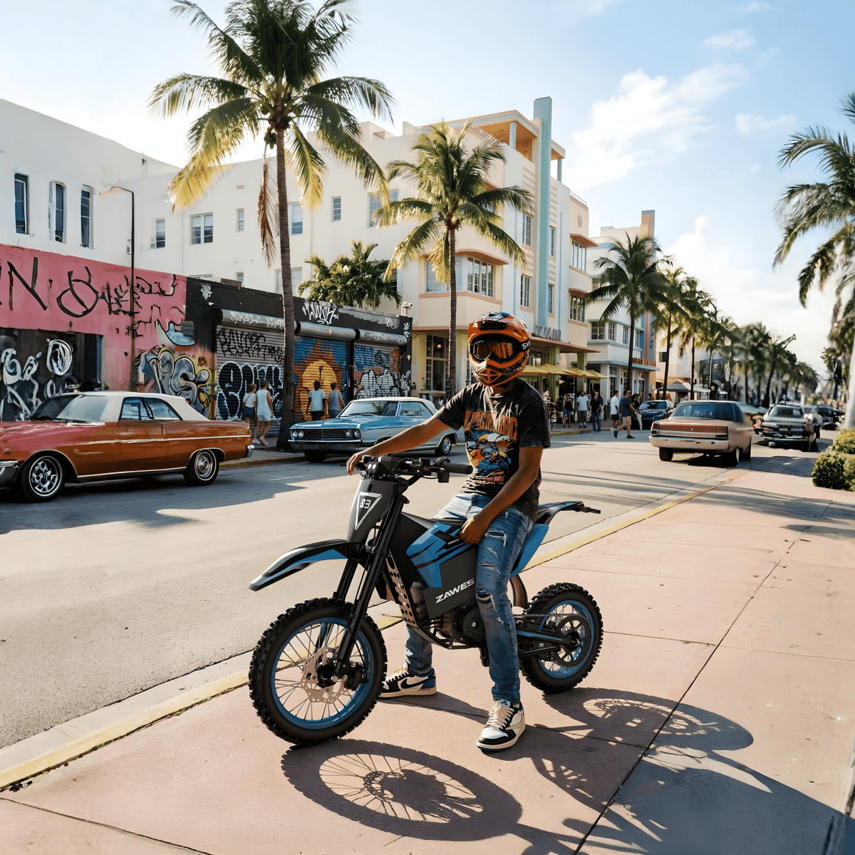 Persona circulando con la moto cross eléctrica ZAWES S3 por la ciudad
