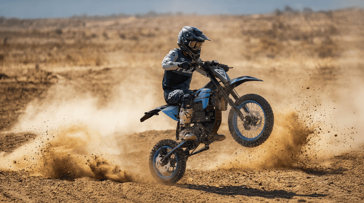 Piloto con la moto cross eléctrica ZAWES S3 fuera de pista sobre terreno arenoso