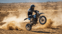 Piloto con la moto cross eléctrica ZAWES S3 fuera de pista sobre terreno arenoso